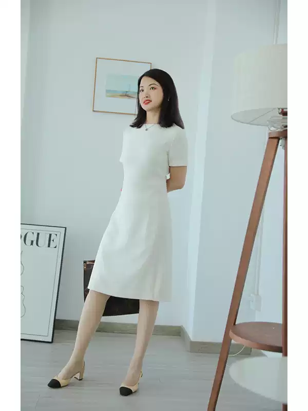 LANFLORA 进口三醋酸 高端通勤 显瘦白色气质短袖连衣裙女裙子