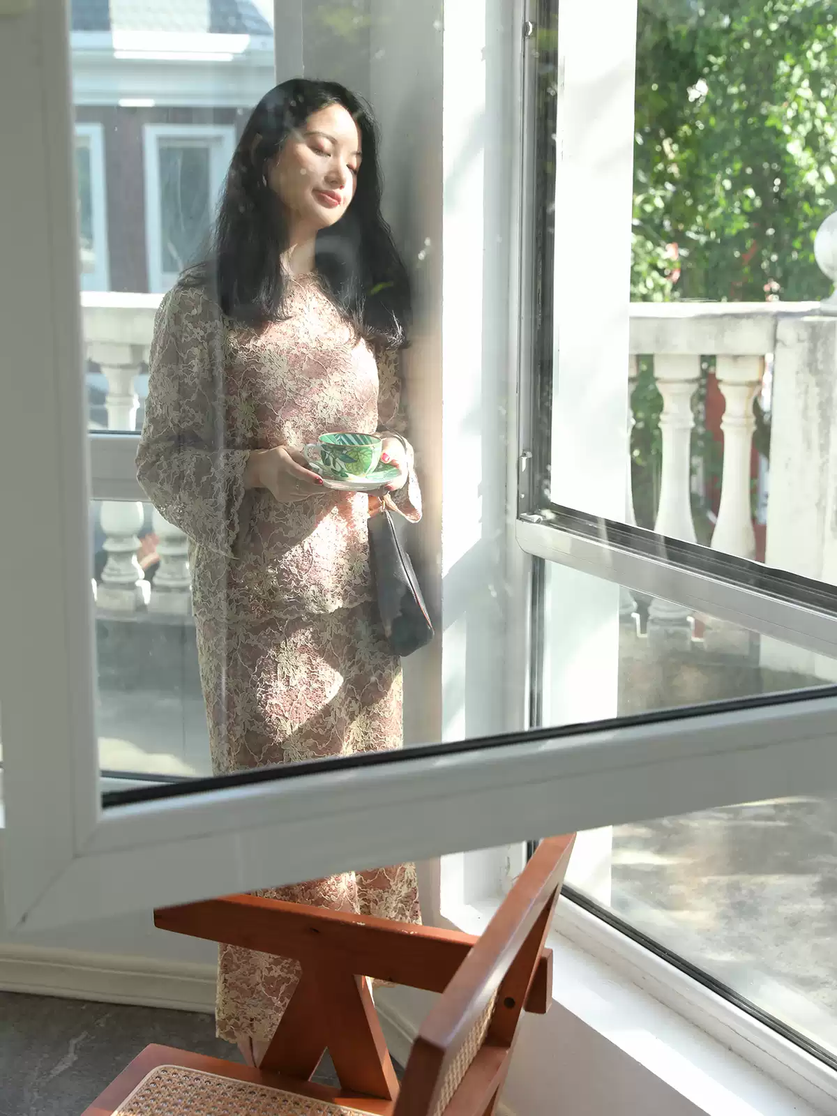 LANFLORA 高端优雅 异色蕾丝 长裙优雅套装裙显瘦夏装搭配一整套